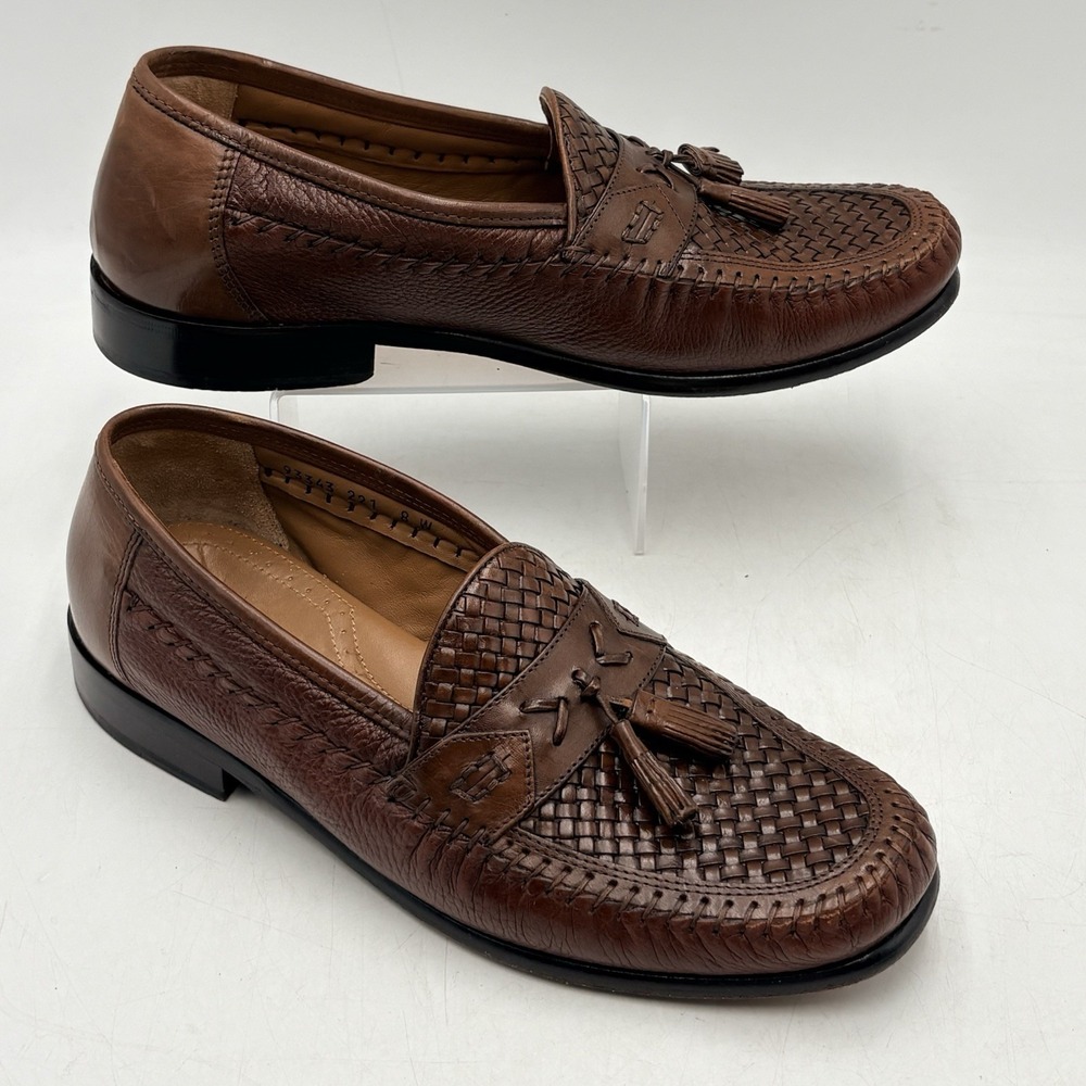 Brass Boot Walking Glove Mens 8W Brown Woven Leather Tassel Loafers USA